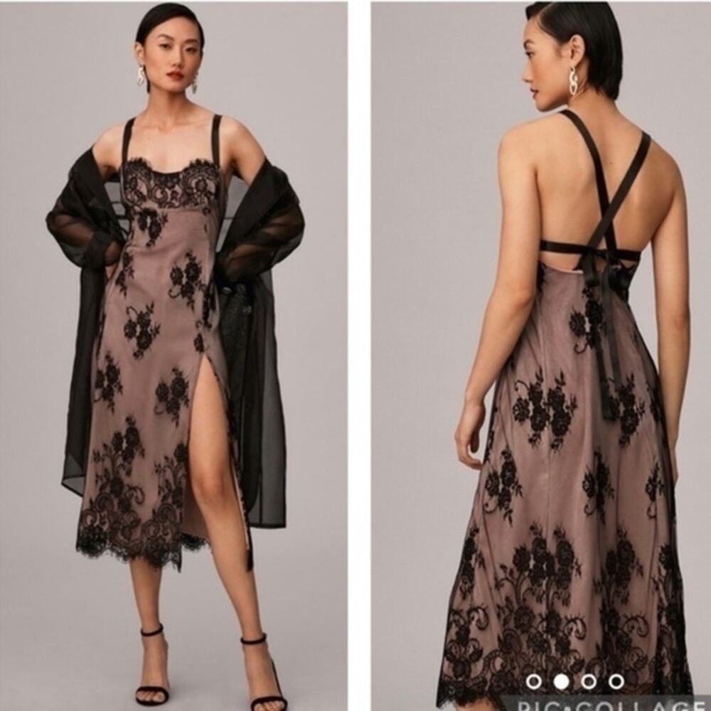 Anthropologie Nude Black Lace Overlay Side Slit Slip Dress Size L